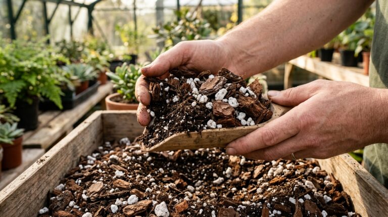 Best Soil Mix for Indoor Plants: The Ultimate DIY Recipe Guide Best Soil Mix for Indoor Plants showing chunky aroid blend with bark and perlite