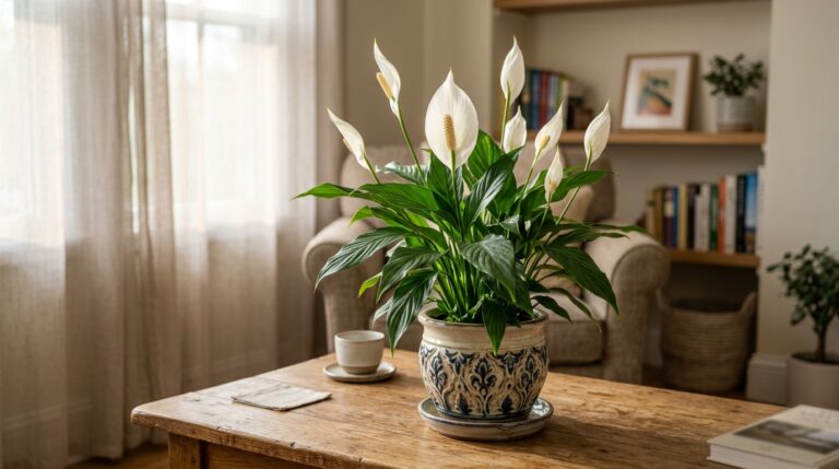 How to Care for Peace Lily Indoors with blooming white flowers